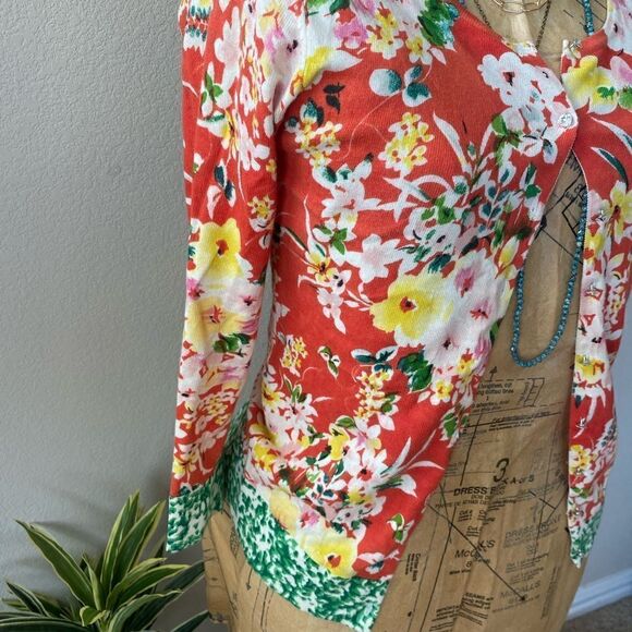 Fashion Instinct Orange Green Colorful Floral Cardigan Gem Button sz XXS - Picture 2 of 11